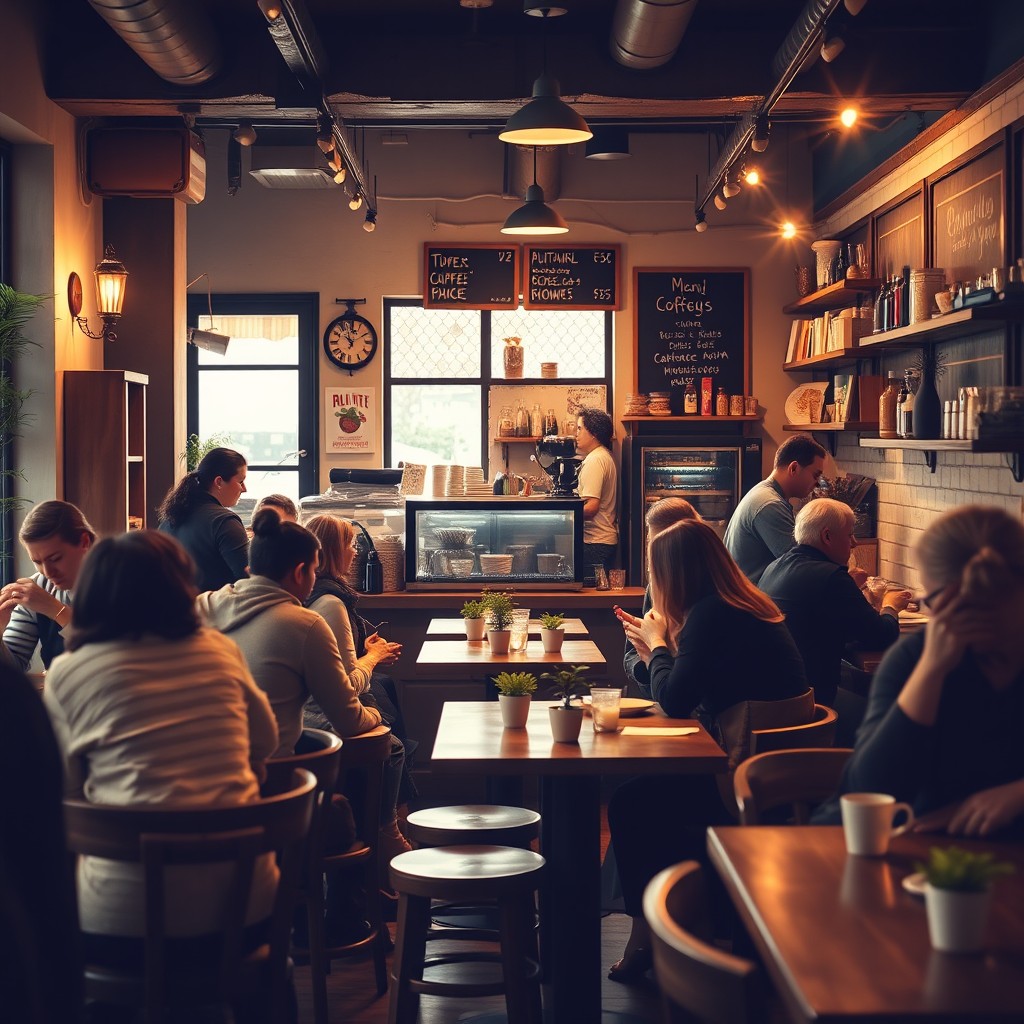 A warm and inviting cozy café scene, illuminated by soft, golden light