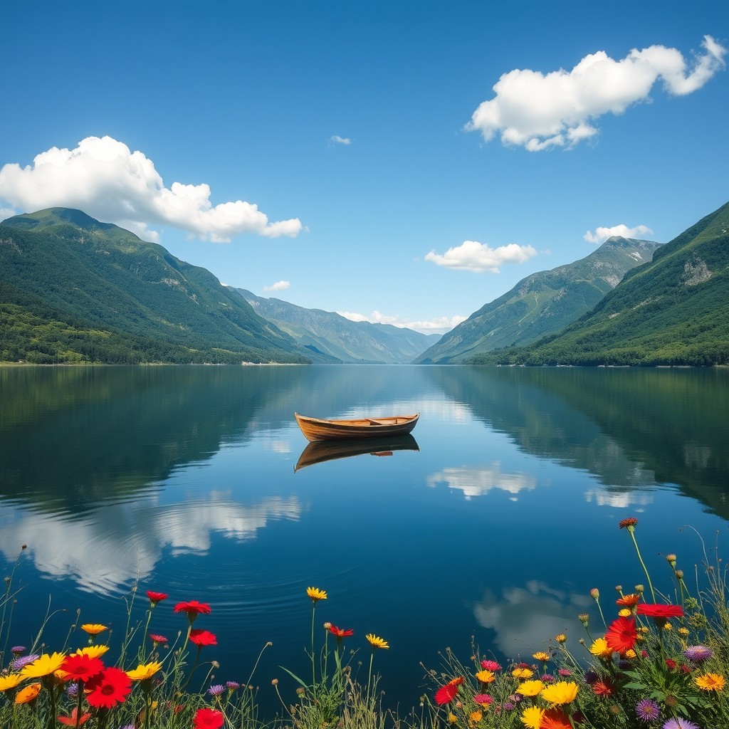A serene landscape featuring a calm lake surrounded by lush green mountains under a clear blue sky