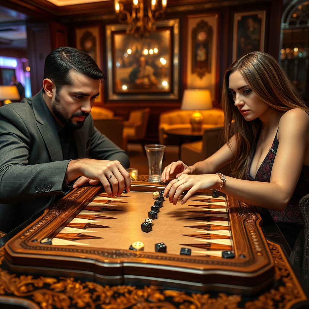 Two backgammon players engaged in an intense game, focused on their strategies and moves