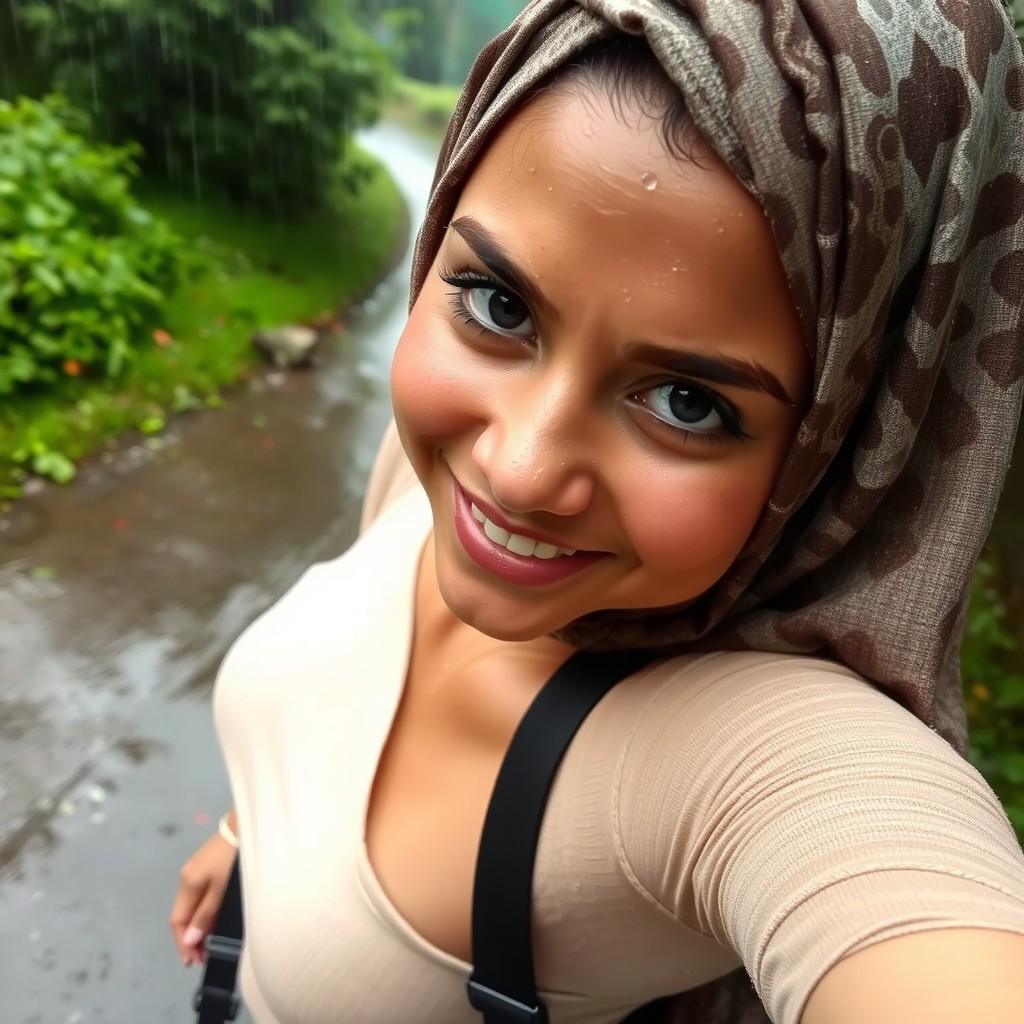 A close-up selfie taken outdoors in rainy conditions
