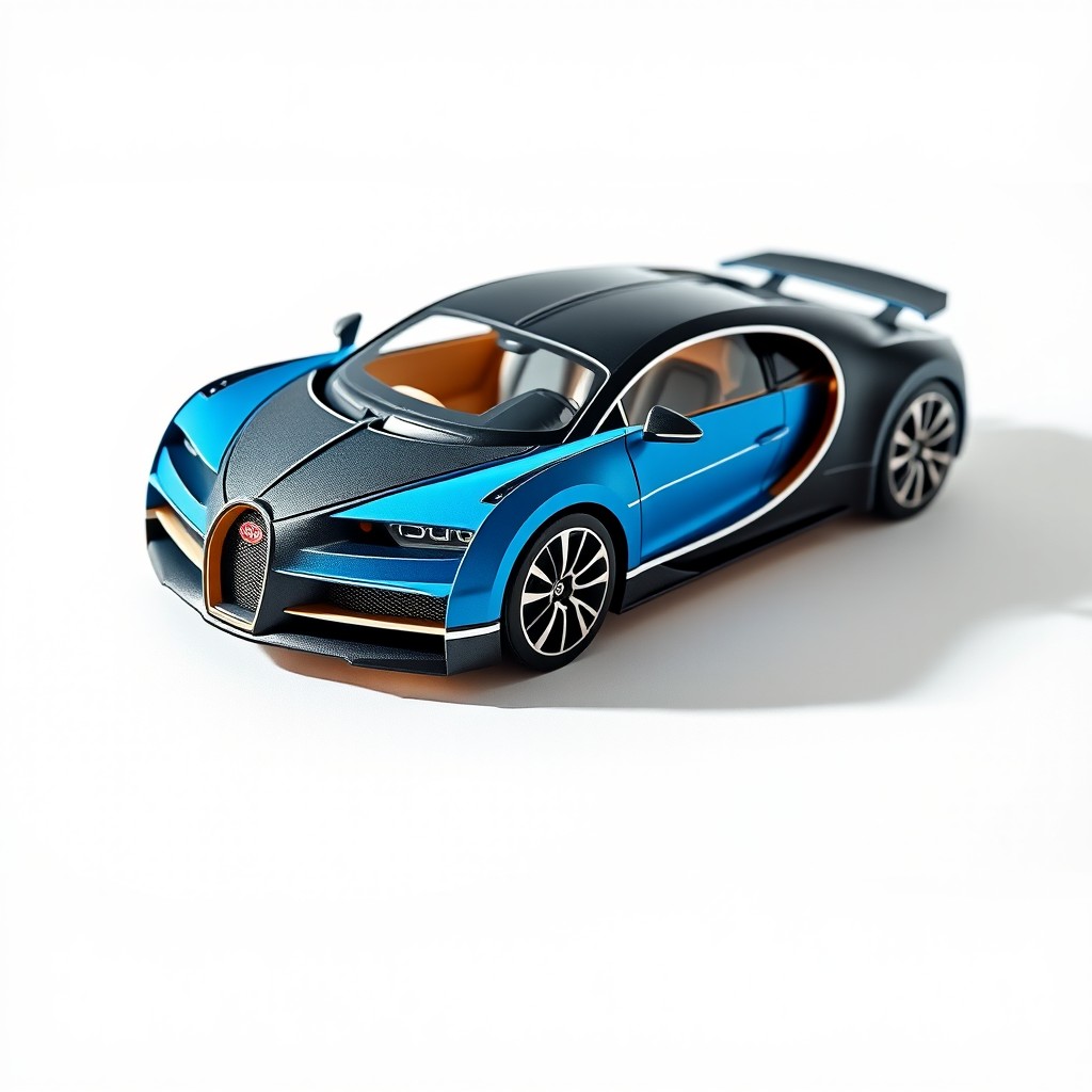 A detailed 3D paper cutout model of a Bugatti Bolide, showcasing its intricate design elements and sleek lines