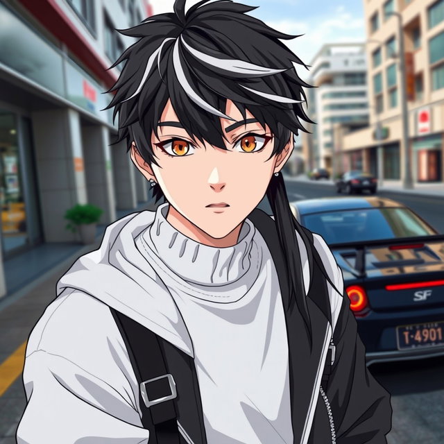 An ultra handsome anime boy in the style of a K-pop idol, age 20, with a stylized sharp face and large penetrating amber eyes, featuring a drawing style similar to the anime 'True Beauty