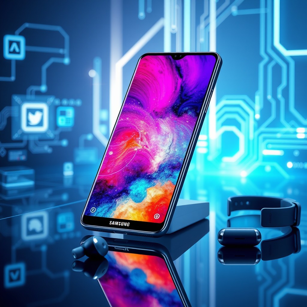 A striking, futuristic image of a sleek, modern Samsung smartphone, showcasing its cutting-edge design and features