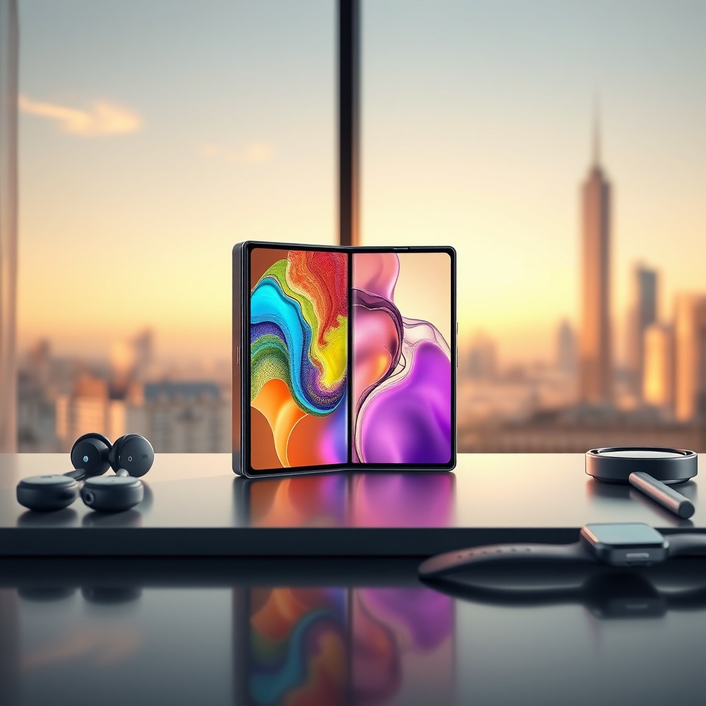 An impressive depiction of the latest Samsung foldable smartphone, featuring its innovative design in a stylish and luxurious setting