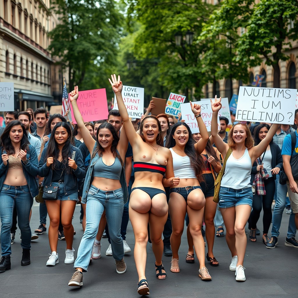 A group of diverse British university students passionately protesting in the streets, holding colorful banners and signs advocating for their cause
