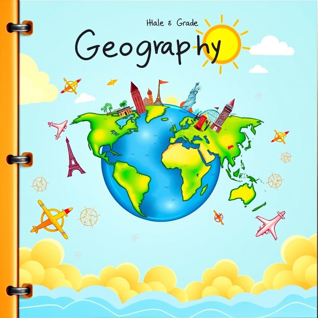 A visually captivating geography cover page for a school book, featuring a vibrant world map with lush green continents and sparkling blue oceans