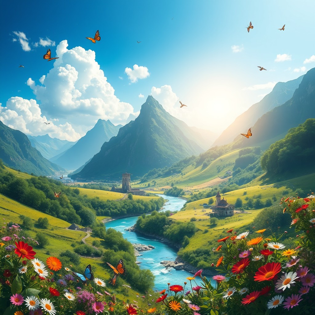 A breathtaking and vibrant depiction of a wonderful world that showcases lush green landscapes, towering mountains, and a picturesque river flowing through the scene