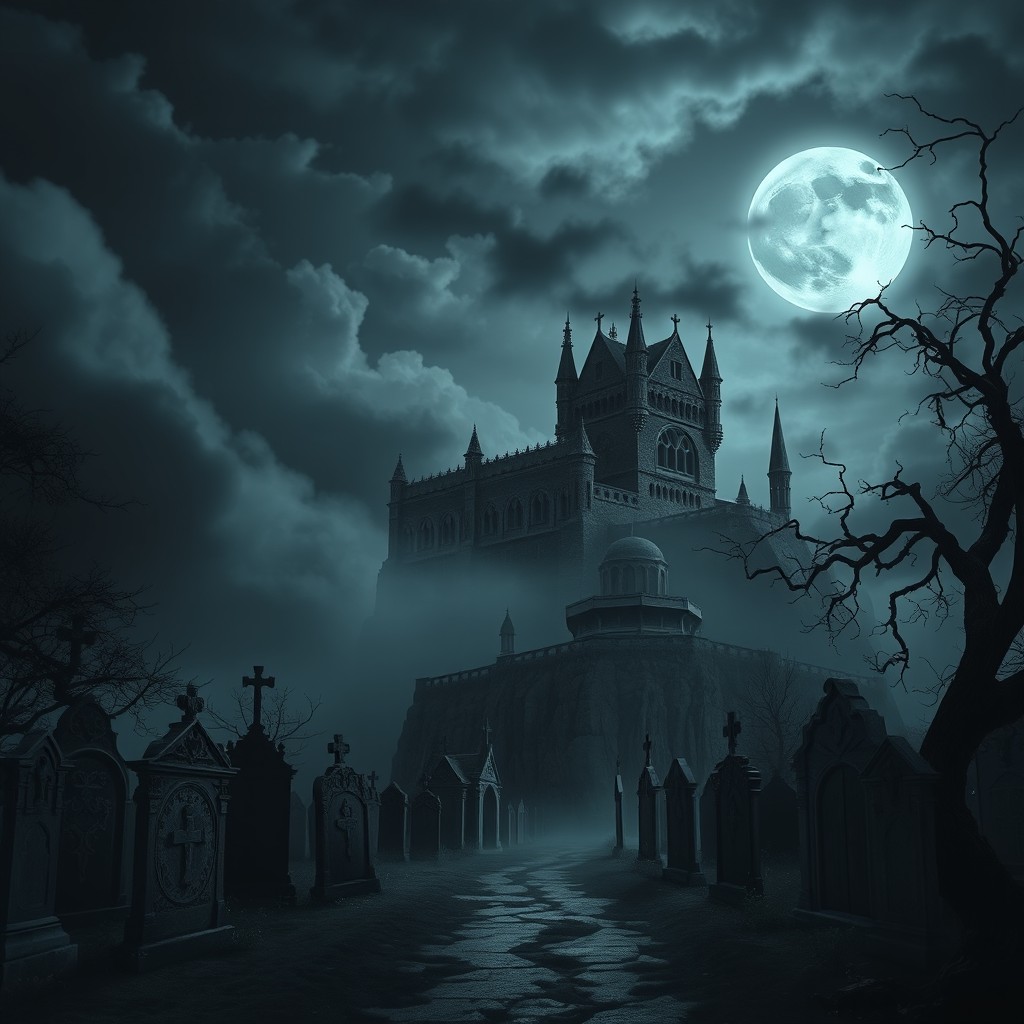 A dark and atmospheric gothic scene featuring an ancient, crumbling castle perched atop a misty cliff