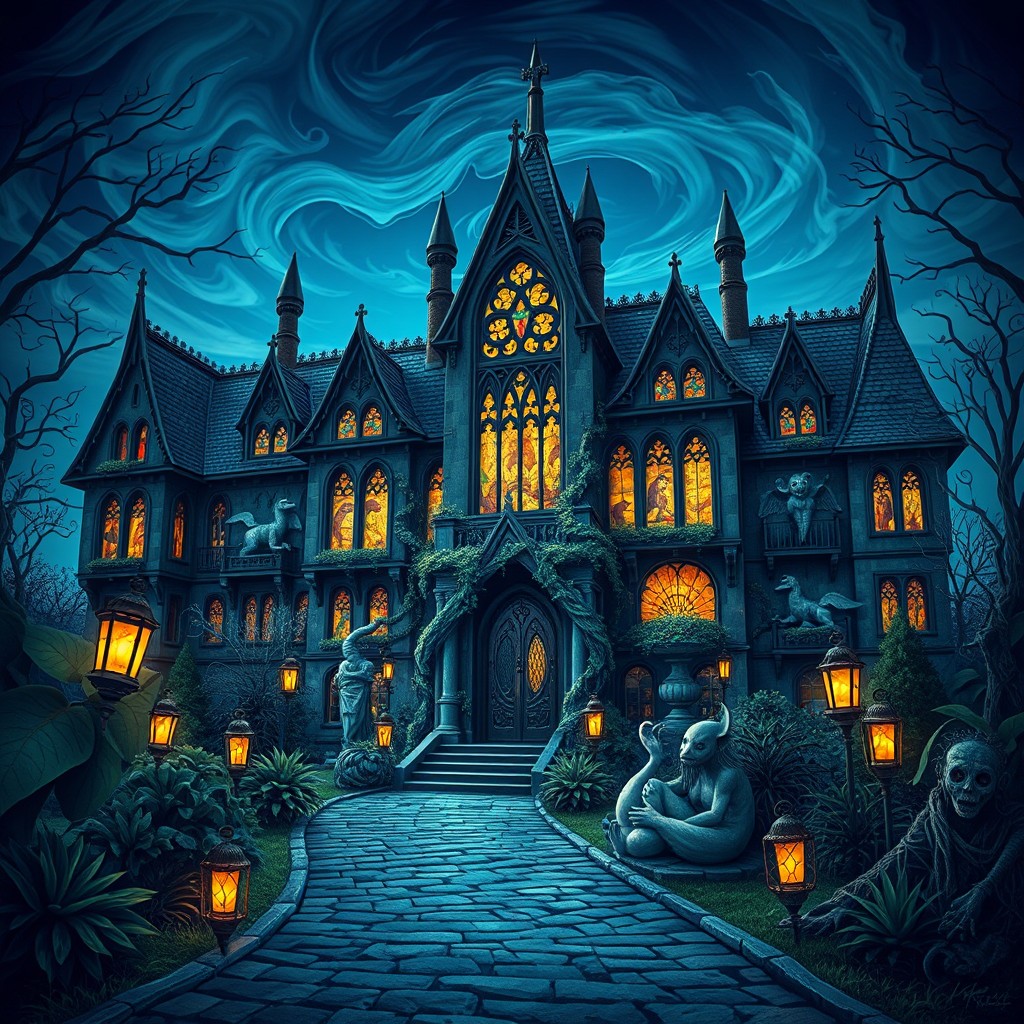 An imaginative depiction of a whimsical, dark fantasy dormitory inspired by the themes of a twisted fairytale