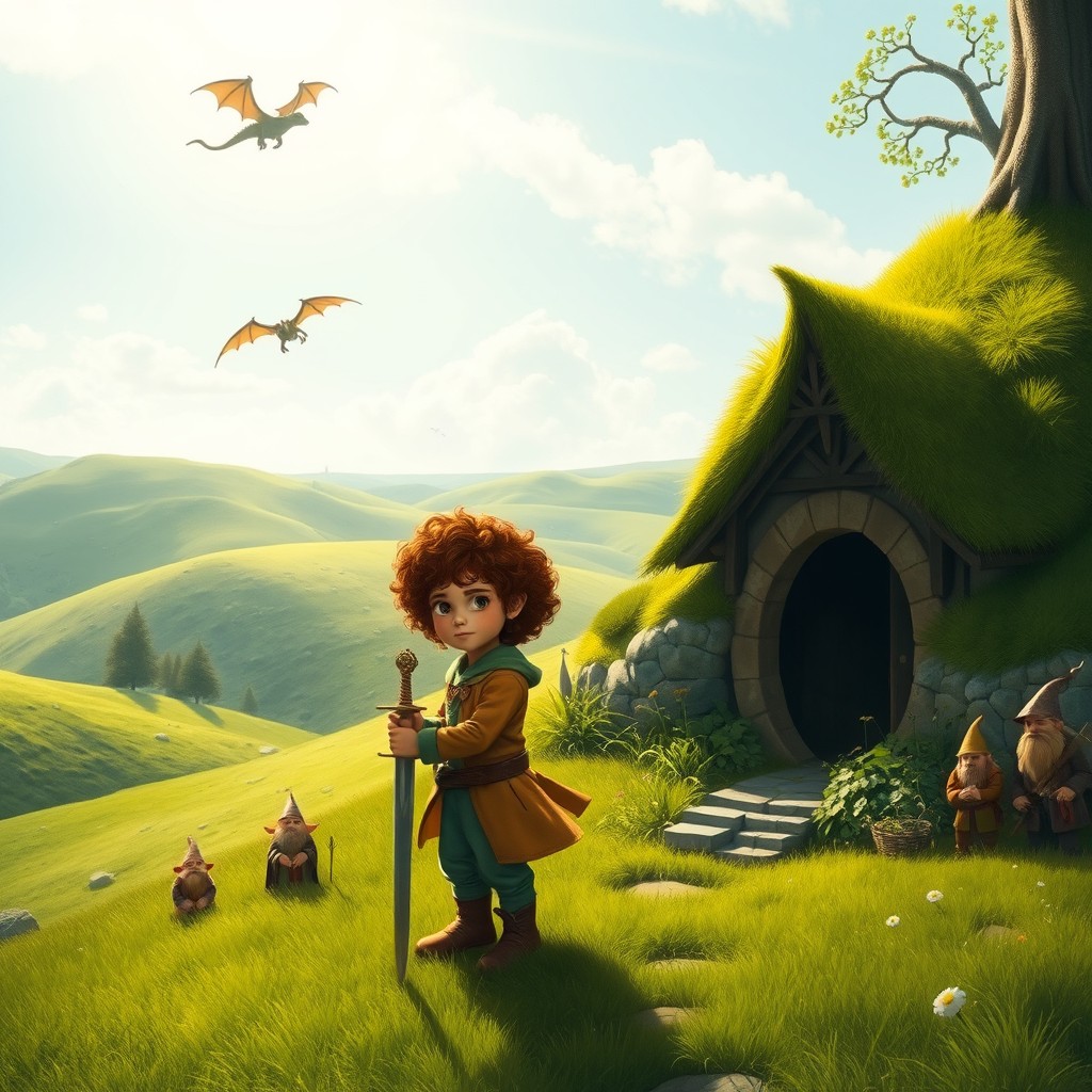 An epic fantasy scene inspired by 'The Hobbit', showcasing Bilbo Baggins, a small hobbit with curly hair and large feet, standing in a lush green Shire landscape