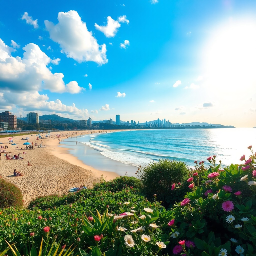 A picturesque spring scene at Haeundae Beach, with gentle waves lapping against the sandy shore
