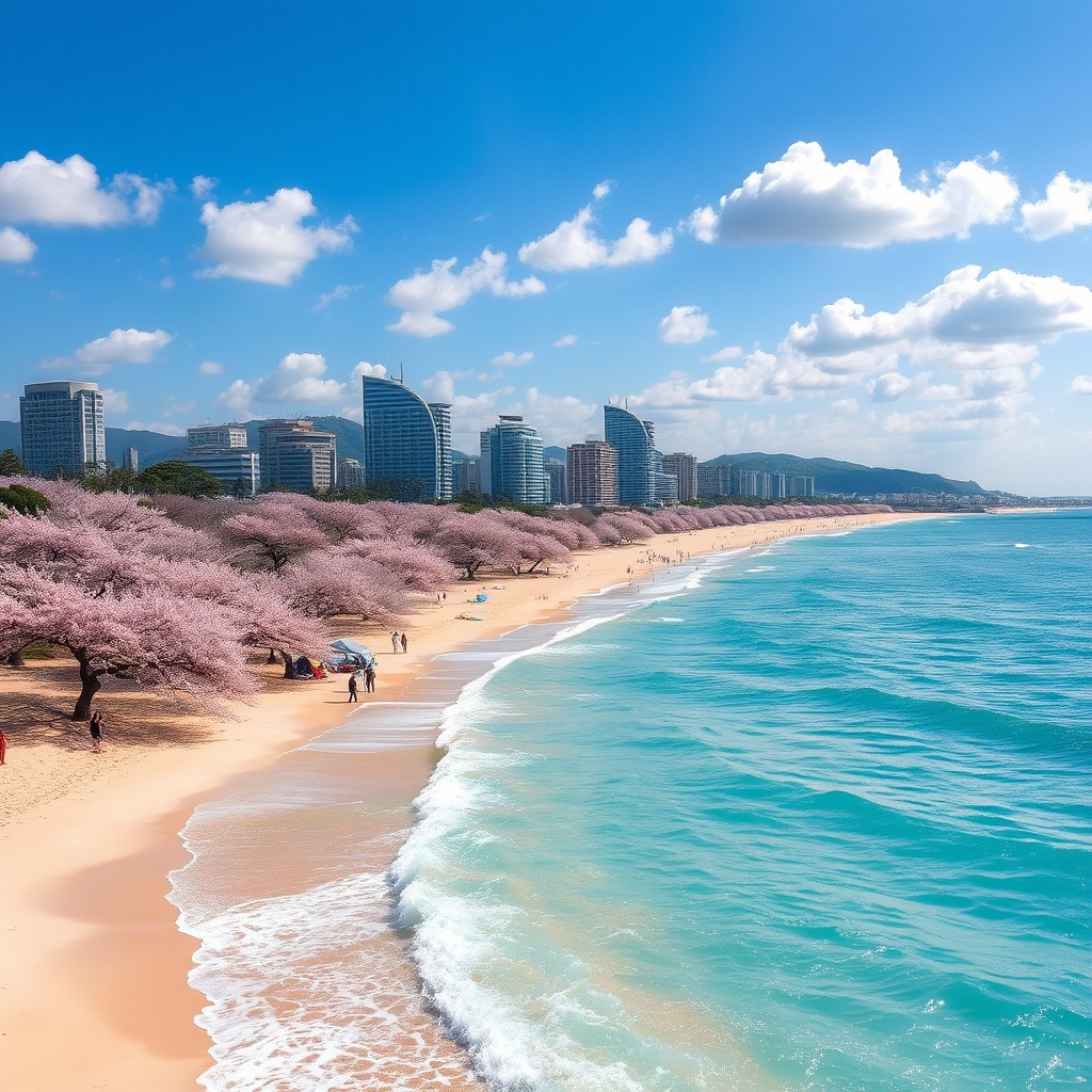 A stunning portrayal of the spring sea at Haeundae Beach in Busan, with turquoise waves gently cascading onto the soft sandy shore