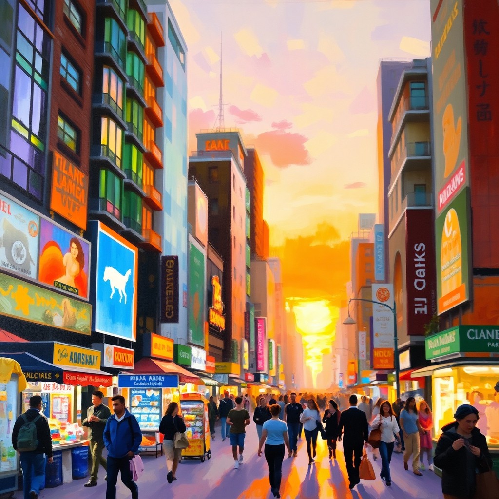 An impressionist painting depicting a bustling cityscape, filled with lively streets, a variety of colorful buildings, and people moving about