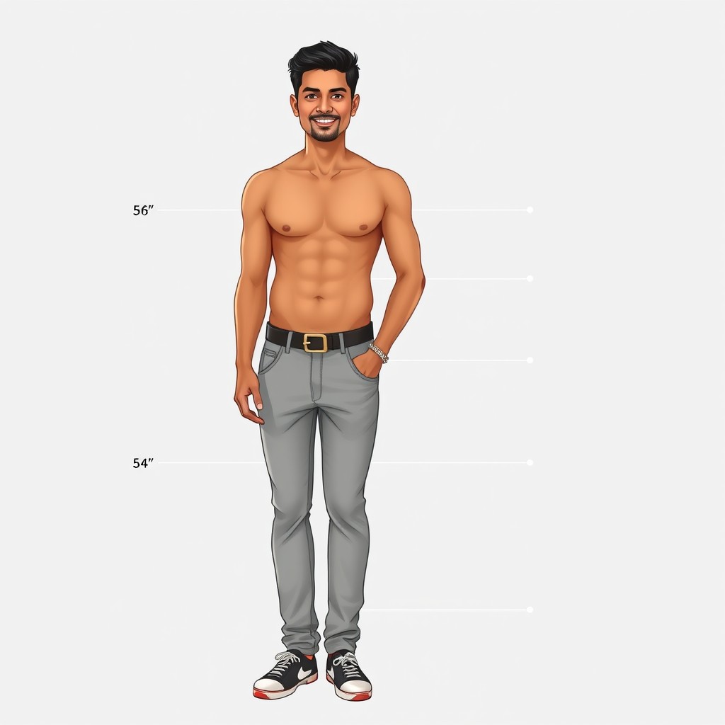 An anthropometric depiction of an Indian man, standing at 5 feet 2 inches tall