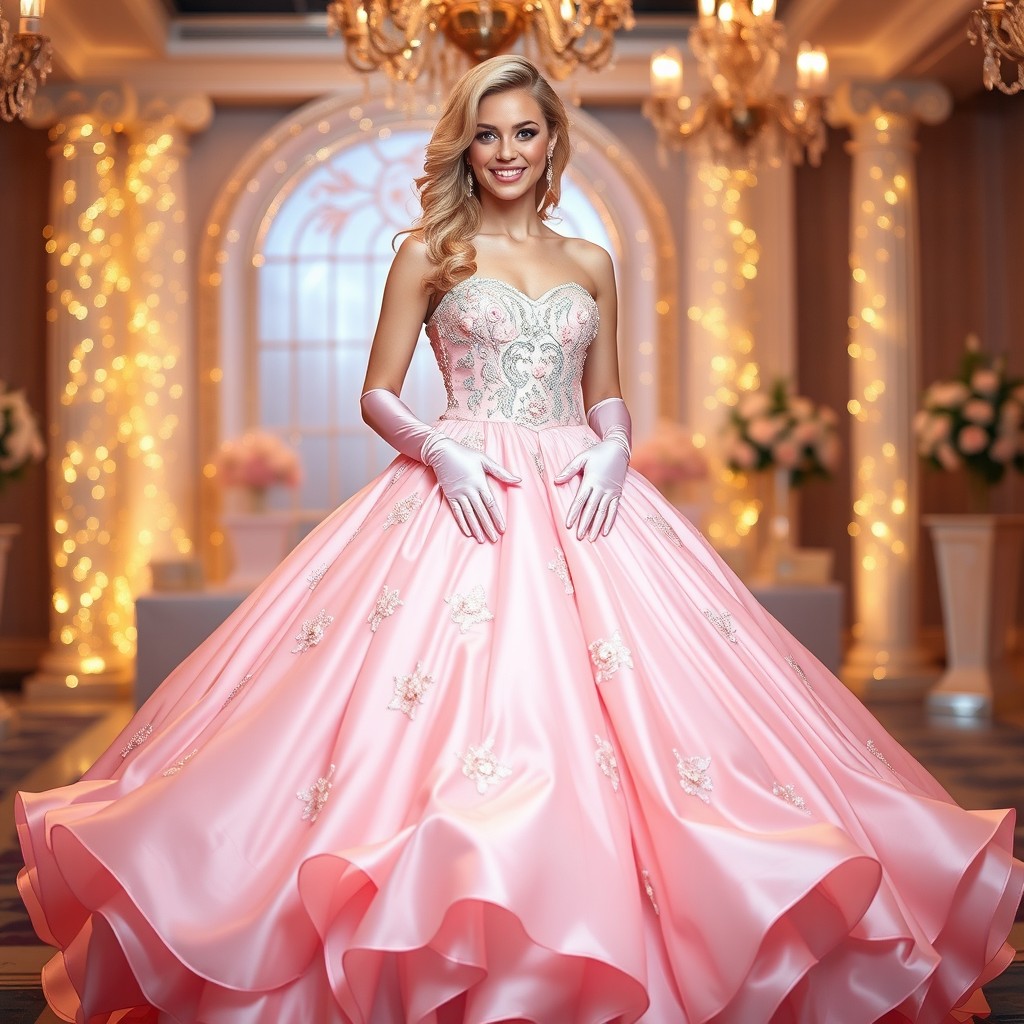 A glamorous blonde prom queen standing confidently, wearing an extravagant strapless ball gown with voluminous skirts that flow elegantly around her
