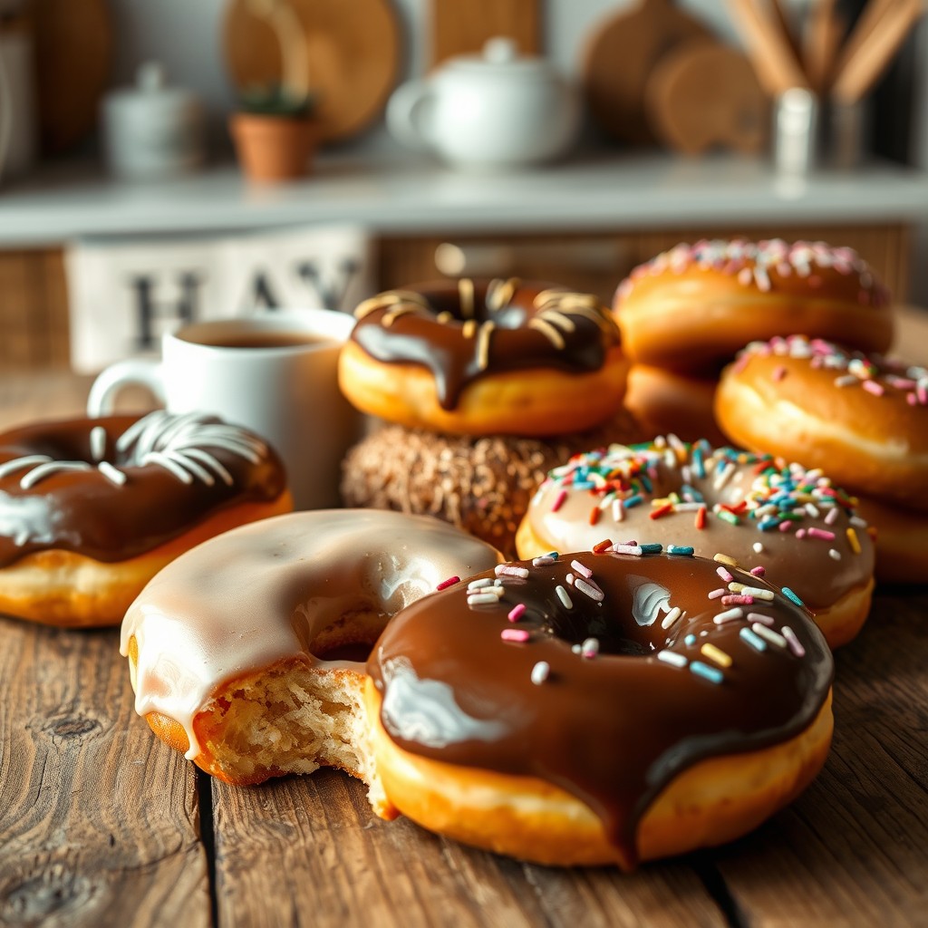 A delicious assortment of donuts displayed on a rustic wooden table