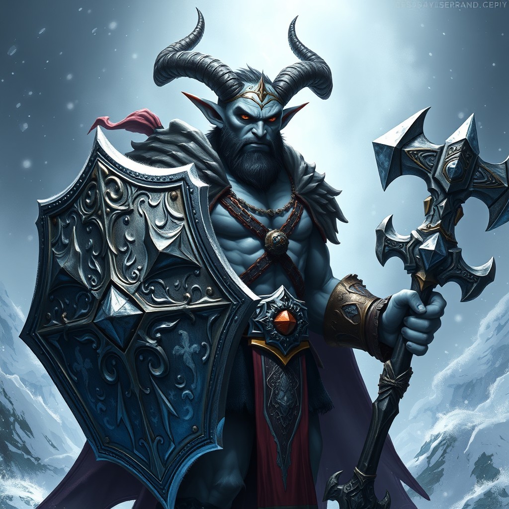 A powerful yet lean tiefling Paladin exuding an aura of strength and authority, standing tall with a meticulously crafted shield in one arm, richly detailed with glimmering frost designs representing his Levistus heritage
