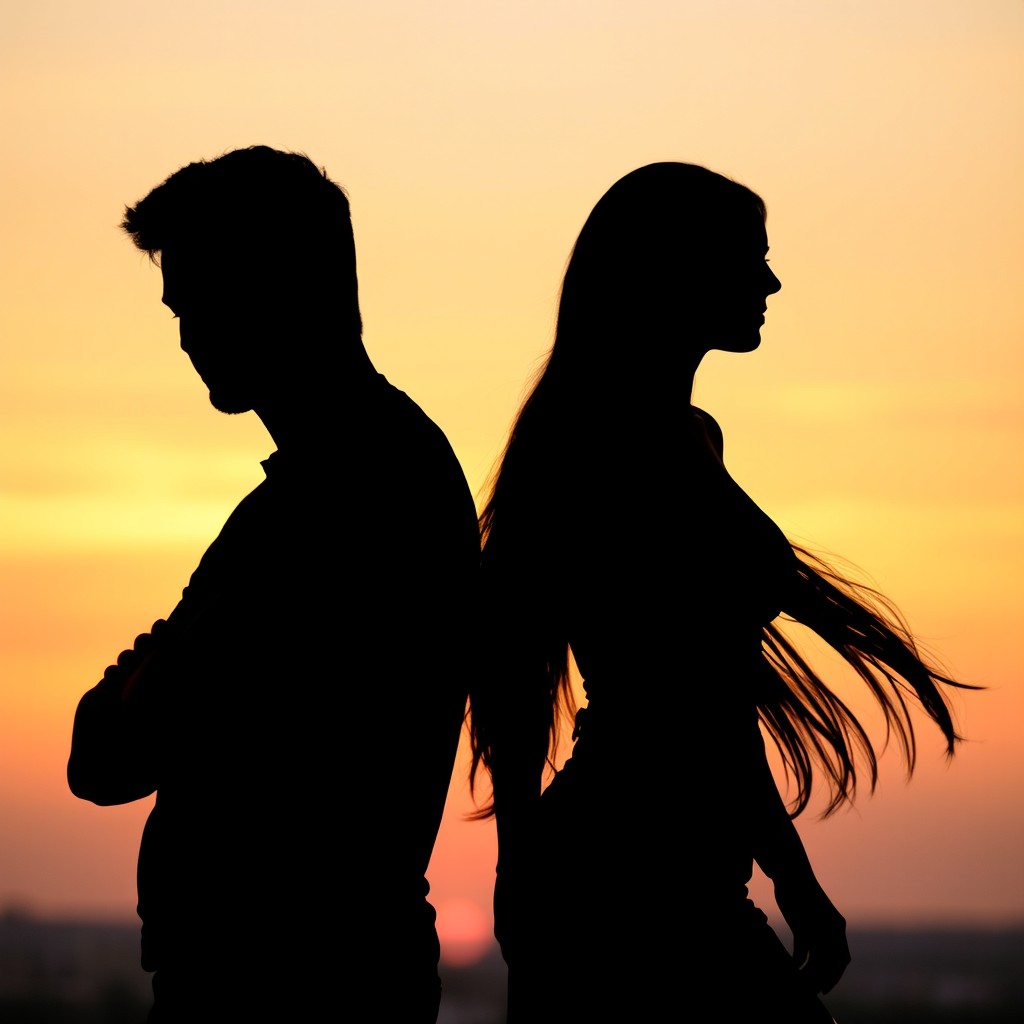 Silhouettes of a man and woman against a soft sunset background, the man depicted in a relaxed posture with arms crossed and an unbothered expression, while the woman is confidently walking away, her long hair flowing behind her, displaying an aura of empowerment and grace