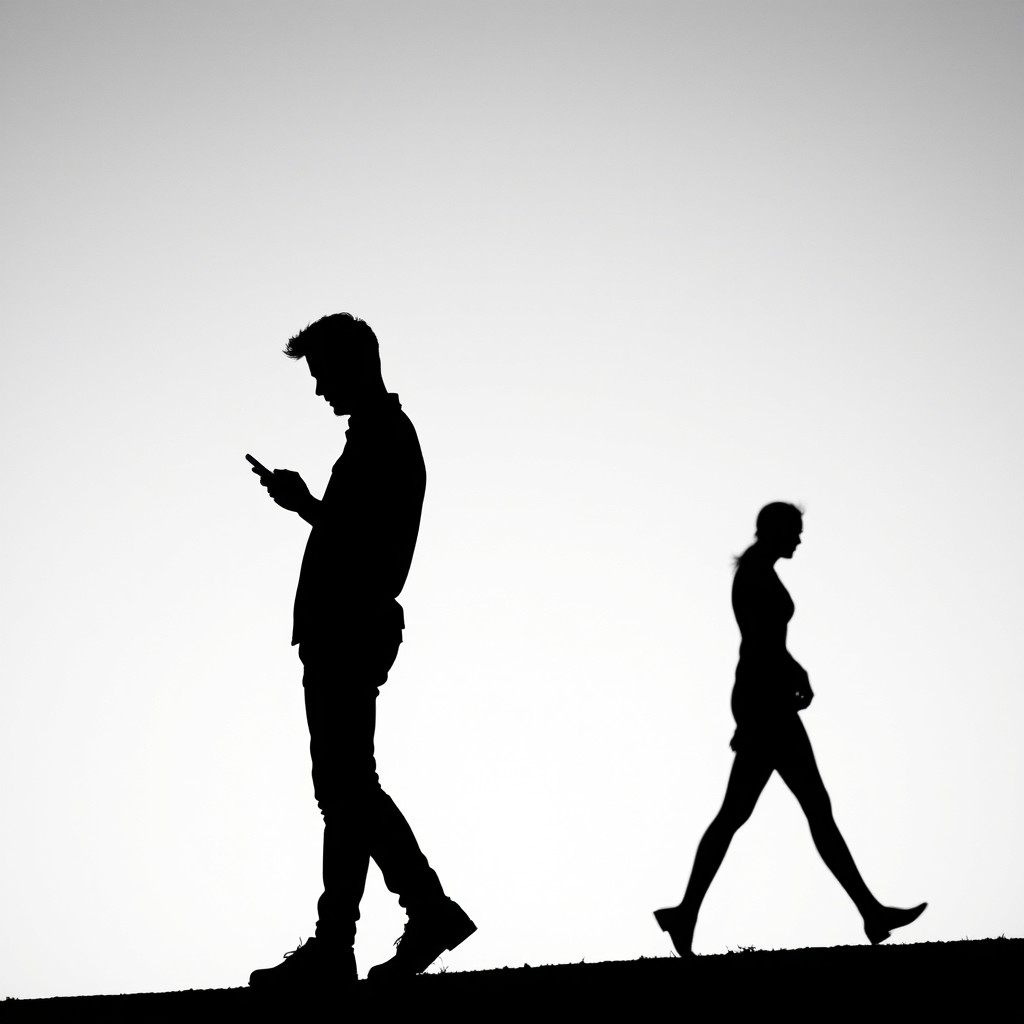 Silhouettes of a man and woman in black and white, with the man standing casually and looking unbothered while focused on his phone, showcasing a relaxed demeanor
