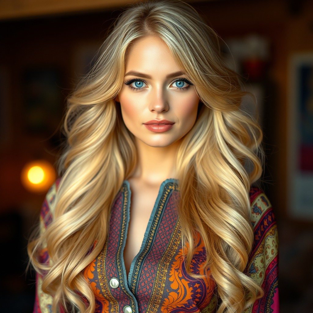 A stunning woman from the 1970s with beautiful long blonde hair cascading down her shoulders and striking blue eyes