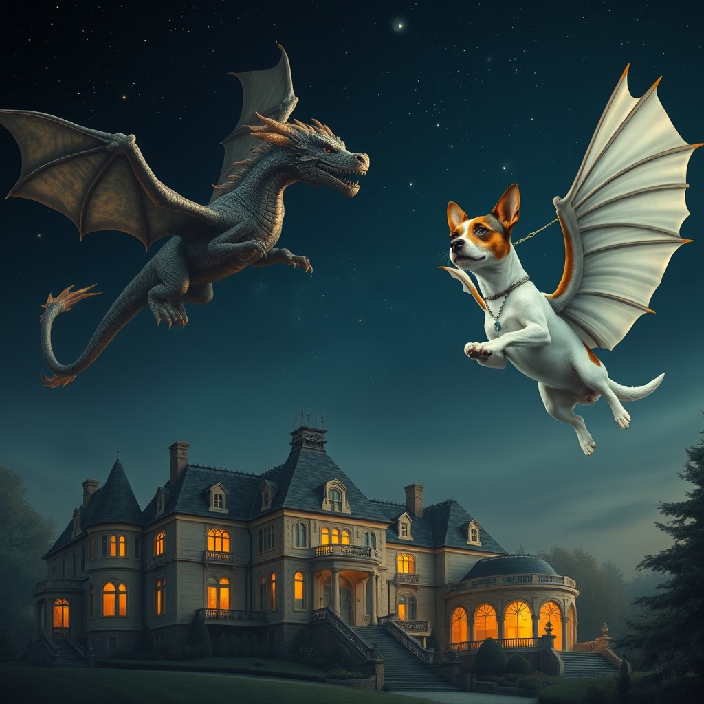 A realistic Jack Russell terrier with beautifully detailed wings, soaring majestically through the night sky on the right side of the image