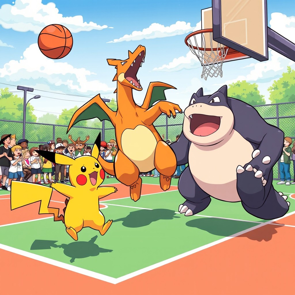 A vibrant and dynamic scene featuring various Pokémon playing basketball on an outdoor court
