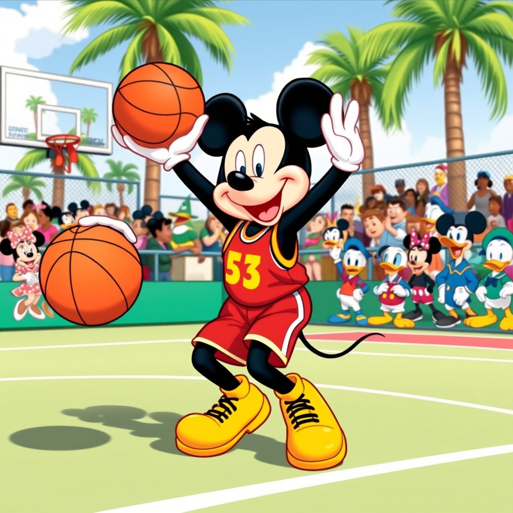 A playful and energetic illustration of Mickey Mouse playing basketball on an outdoor court