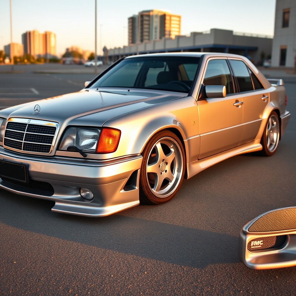 A Mercedes-Benz W202 with an AMG look, showcasing a sleek silver exterior with a high-gloss finish, custom AMG body kit, aggressive front bumper with larger air intakes, sporty side skirts, and a rear spoiler