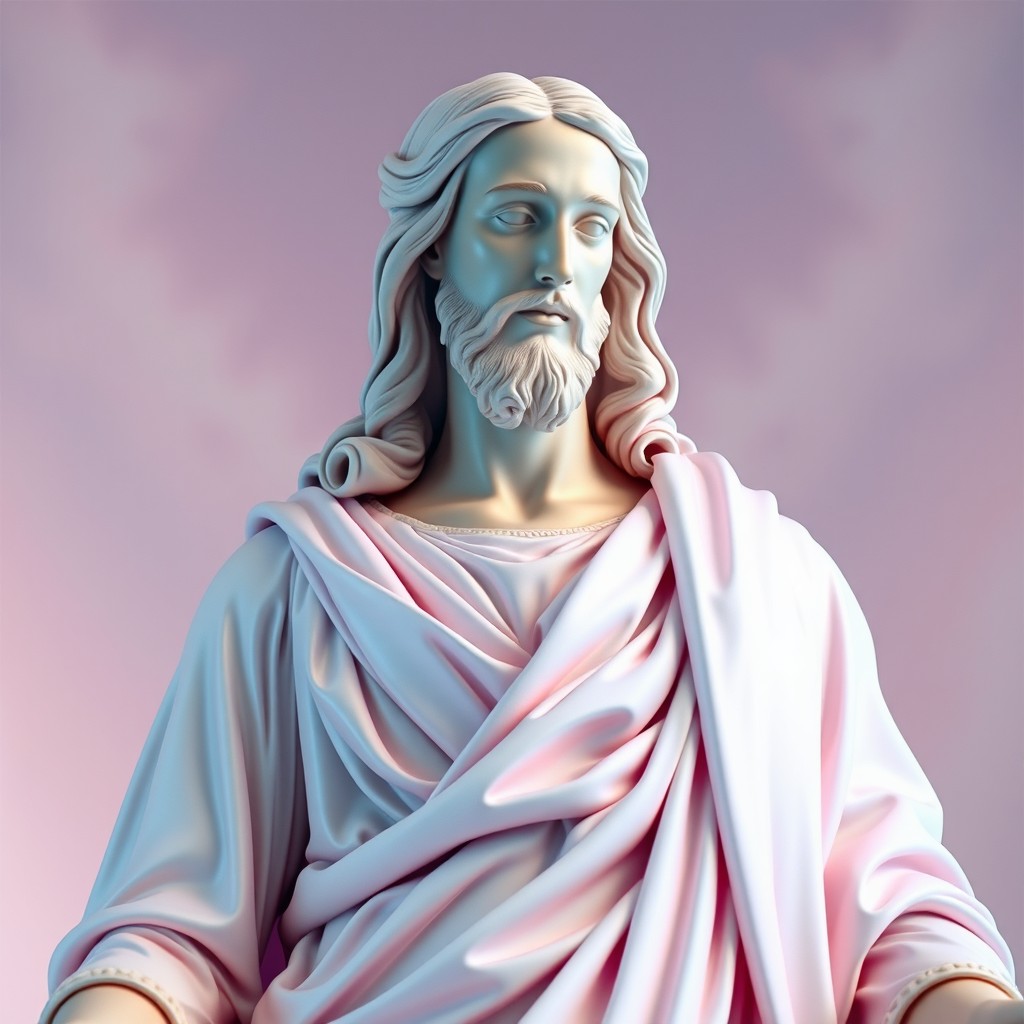 A reimagined version of the Thorvaldsen Christus statue, depicting Jesus in an elegant pose with a serene expression, dressed in beautiful, flowing pastel-colored robes