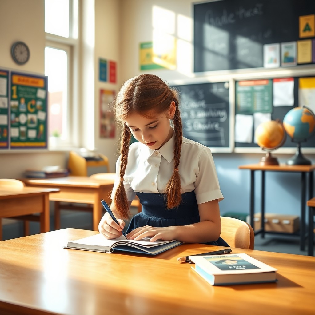 A schoolgirl sitting at a wooden desk in a bright, colorful classroom