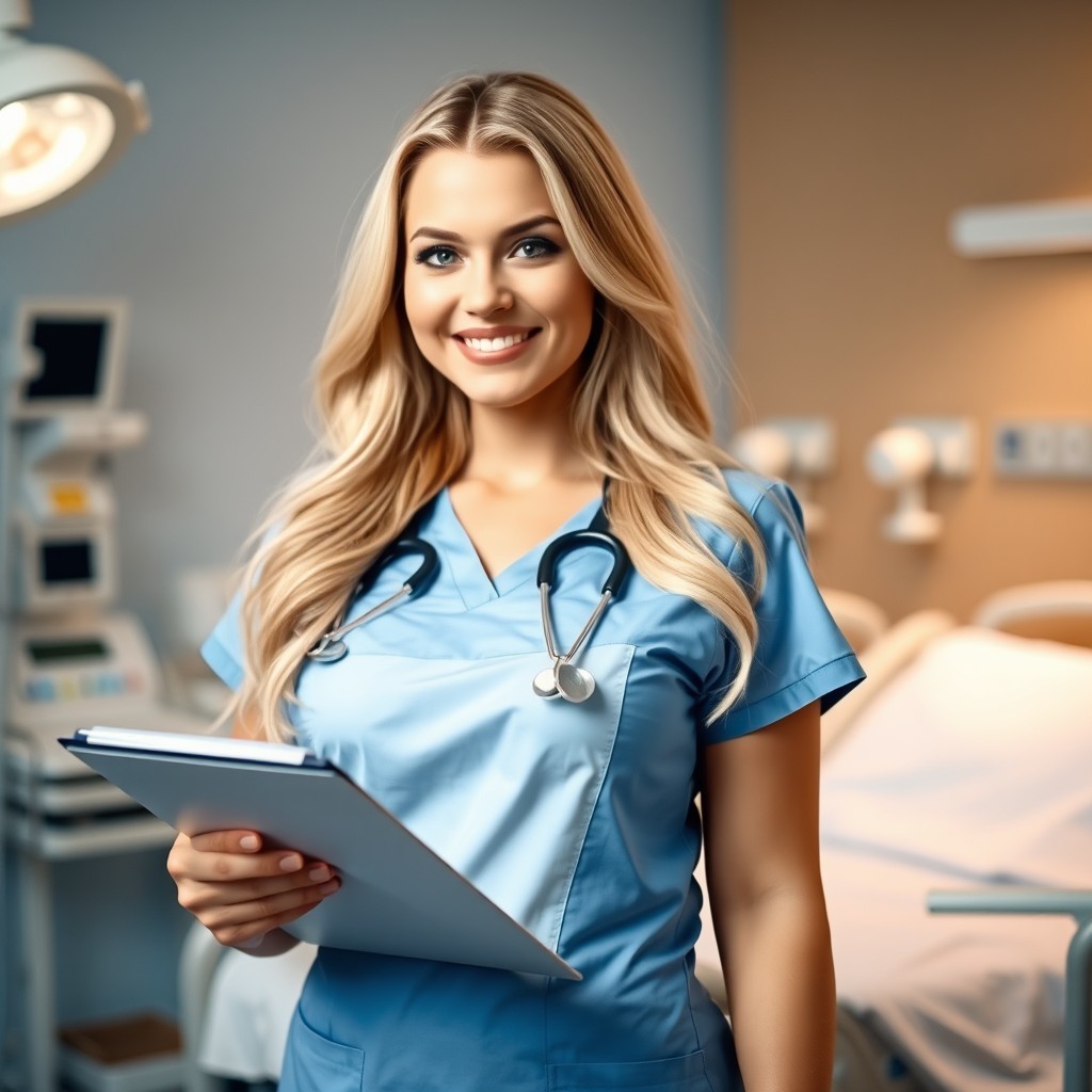 A voluptuous blonde nurse in a professional setting, wearing a stylish nurse uniform that accentuates her curves