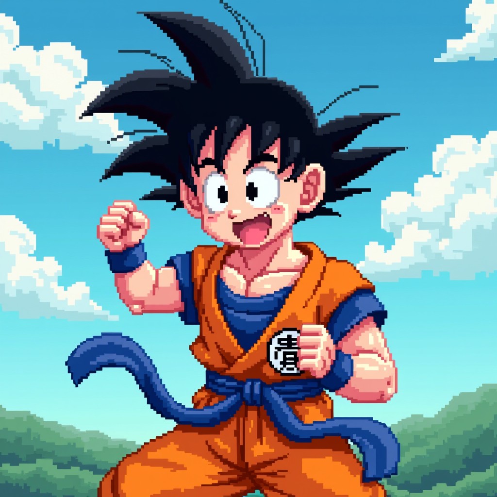 Pixel art representation of Goku from Dragon Ball, showcasing his iconic spiky black hair, orange gi with a blue undershirt, and the symbol of his martial arts clan on the front of his uniform