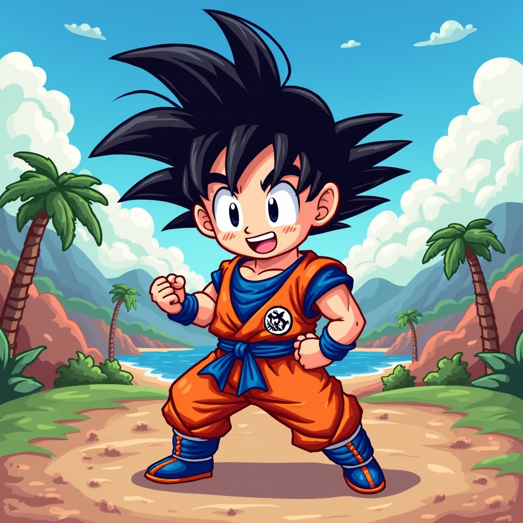 A vibrant pixel art depiction of Goku from Dragon Ball, showcasing his iconic spiky black hair and orange gi with blue undershirt and belt