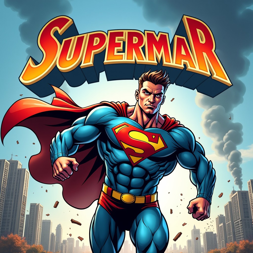 A dynamic comic book cover featuring a superhero in action, showcasing their powerful physique and vibrant costume