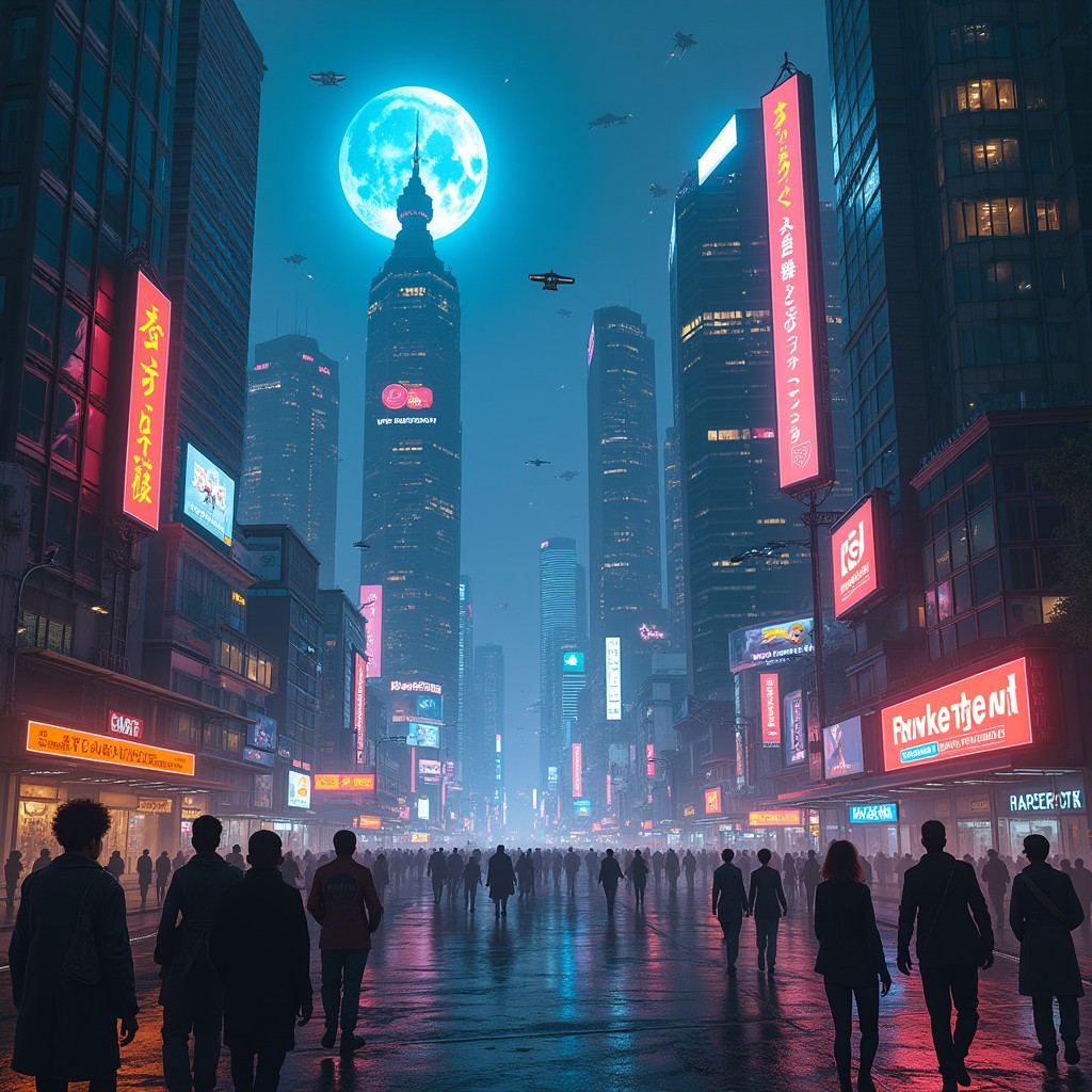 A stunning cyberpunk cityscape at night, filled with towering neon skyscrapers, illuminated billboards in vibrant colors, flying cars zipping through the air, and a bustling street below with diverse characters in futuristic attire
