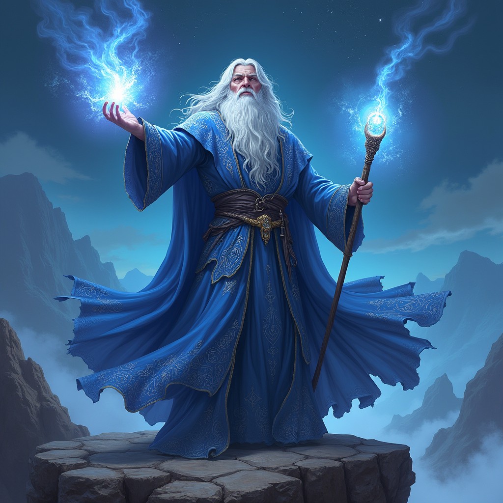 A powerful wizard character from a Dungeons & Dragons setting, standing atop a rocky cliff, casting a vibrant spell
