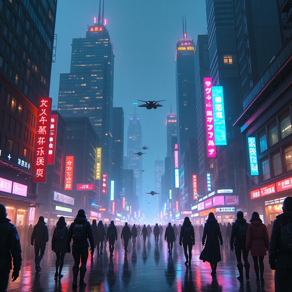 A vibrant cyberpunk cityscape at night, showcasing towering skyscrapers adorned with neon lights and holographic advertisements
