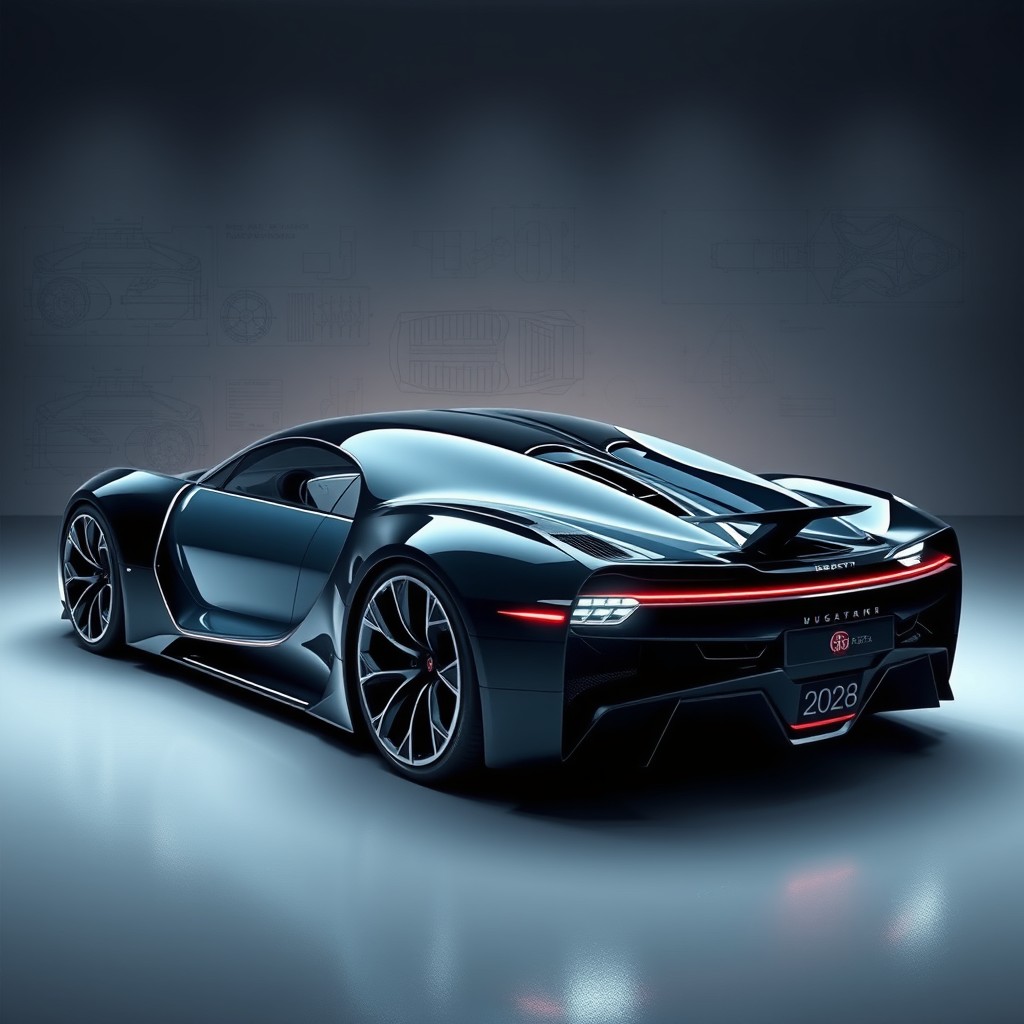 A stunning concept design of a 2028 Bugatti hypercar, featuring a futuristic aerodynamic design that emphasizes sleek curves and advanced technology