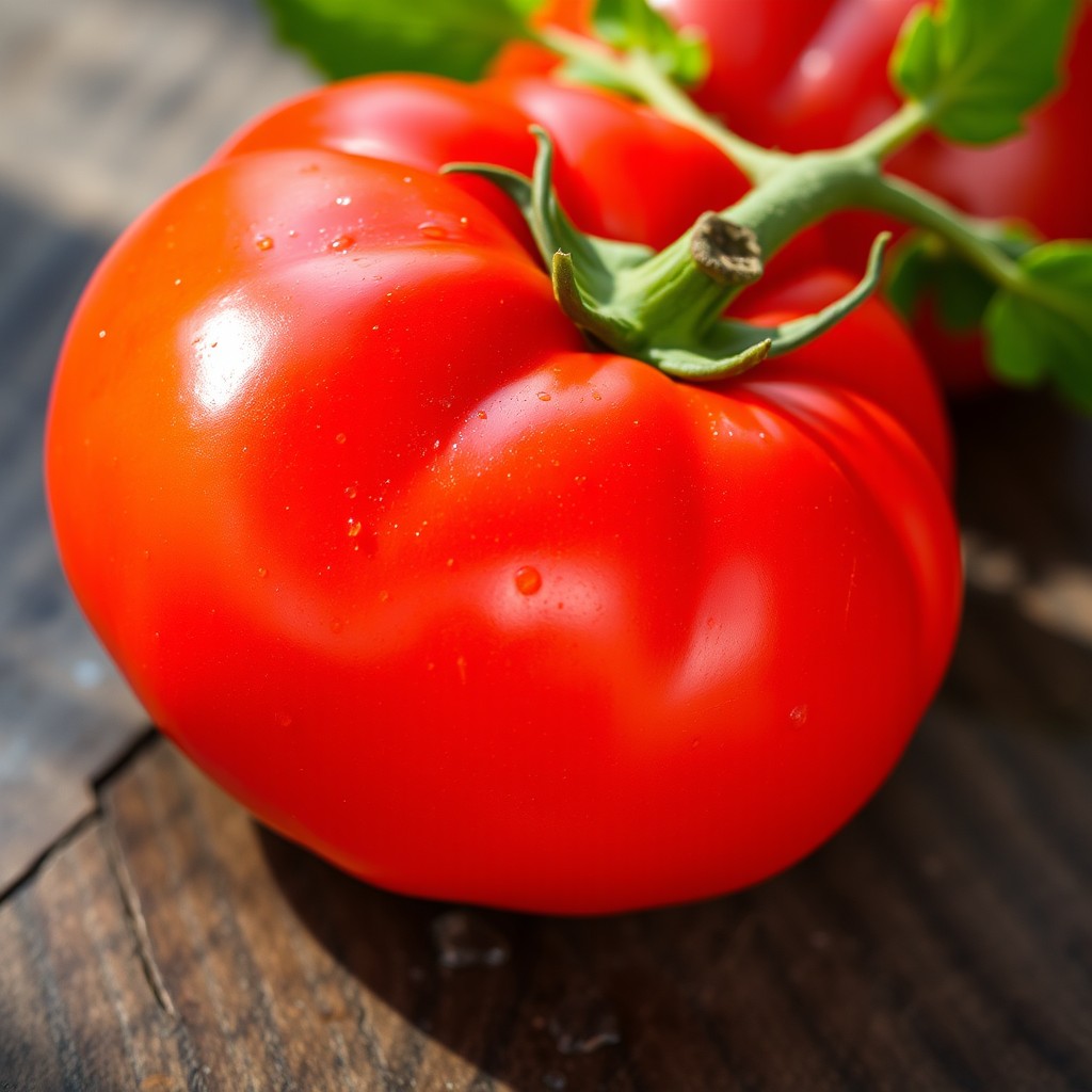 A close-up image of a ripe, juicy tomato resting on a rustic wooden table