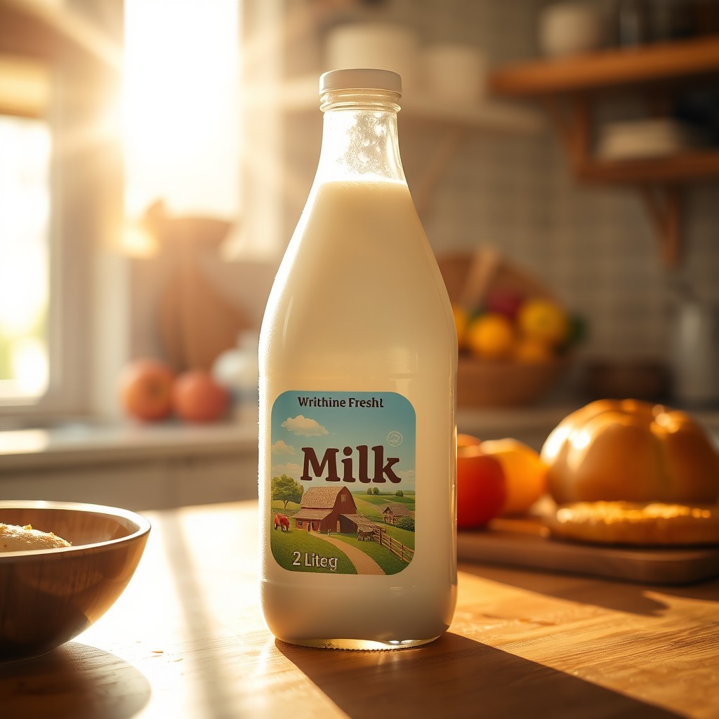 A bright and cheerful scene featuring a 2-liter bottle of milk sitting on a wooden kitchen counter