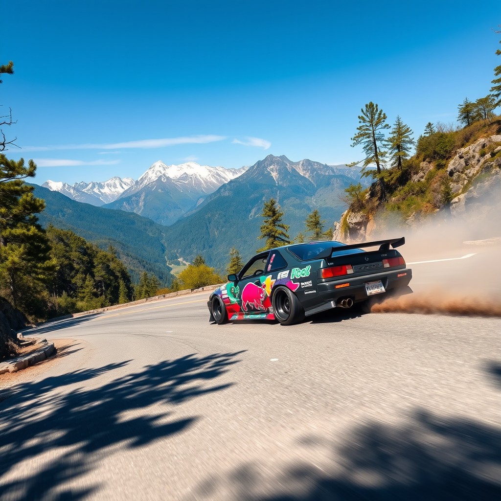 A powerful JDM car drifting expertly on a tight, winding mountain road in Japan, surrounded by lush green trees and rocky cliffs