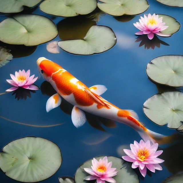 A vibrant koi fish swimming gracefully in a clear pond filled with pastel colored water lilies, under a soft sunlight.