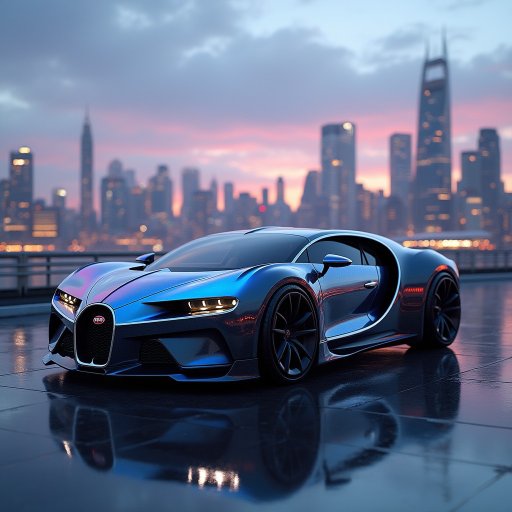 A futuristic Bugatti hypercar concept for the year 2030, showcasing sleek lines and an aerodynamic shape, featuring innovative technologies like electric propulsion and advanced materials