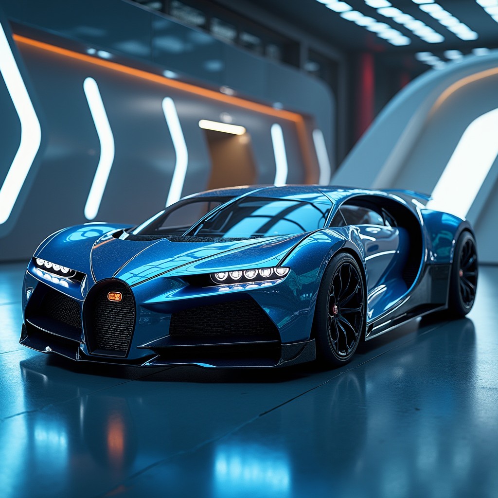 A futuristic Bugatti hypercar concept design for the year 2030, showcasing a sleek and aerodynamic body shape with sharp angles and a striking front grille