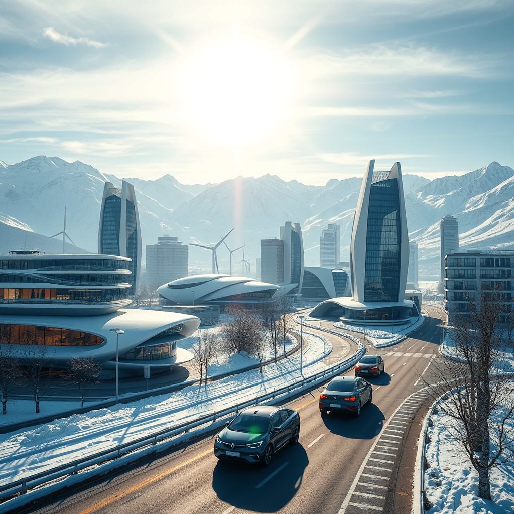 A modern city of the future set against the backdrop of Siberian snowy mountains, featuring futuristic buildings designed with lithium-ion technology