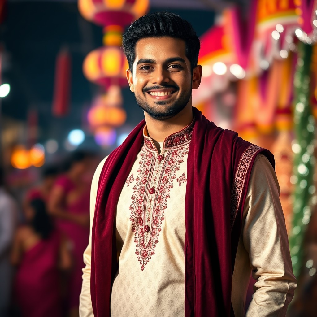 A portrait of a confident Indian man standing elegantly with a bright smile