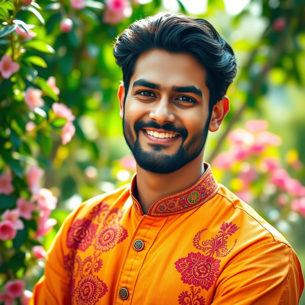 A portrait of a handsome Indian man with dark hair and well-groomed beard, wearing a traditional kurta in vibrant colors