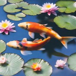 A vibrant koi fish swimming gracefully in a clear pond filled with pastel colored water lilies, under a soft sunlight.