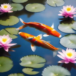 A vibrant koi fish swimming gracefully in a clear pond filled with pastel colored water lilies, under a soft sunlight.