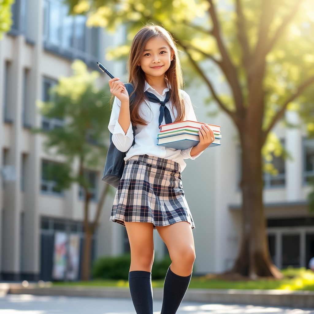 A confident and attractive schoolgirl standing in an urban environment, wearing a stylish school uniform that includes a crisp white shirt, a plaid skirt, knee-high socks, and stylish shoes